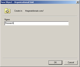  This figure shows the New Object   Organizational Unit dialog box, which contains the Name text box.