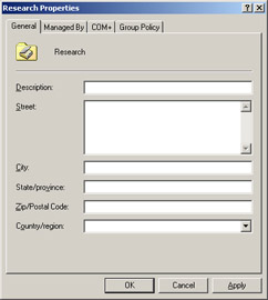  This figure shows the Research Properties dialog box, which contains various text boxes, such as Description, Street, and Zip/Postal Code.