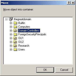 This figure shows the Move dialog box that contains various folders, such as Domain Controllers and Users.