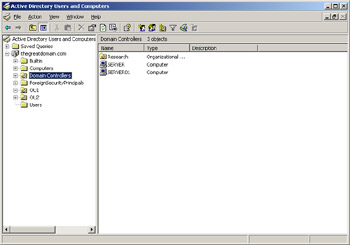  This figure shows the Active Directory Users and Computers window, which contains the Research organizational unit in the Domain Controller folder.