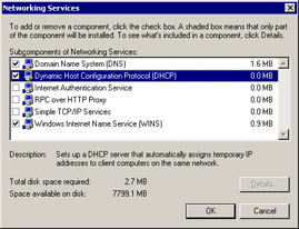  This figure shows that DHCP is selected in the Networking Services dialog box.