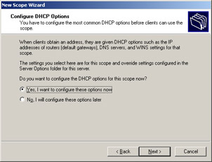  This figure shows that the Yes, I want to configure these options now option is selected, to configure the DHCP options while creating a DHCP scope.