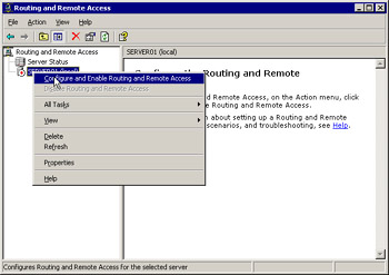  This figure shows that the Configure and Enable Routing and Remote Access option is selected in the shortcut menu.