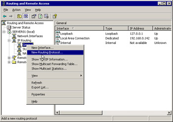  This figure shows how to select the New Routing Protocol option. The New Routing Protocol dialog box appears.
