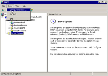  This figure shows that Configuration Options is selected from the Action menu in the DHCP console.