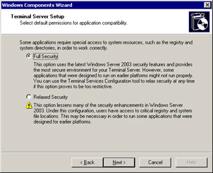  This figure shows two security options for compatibility of a terminal server with an application.