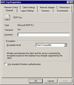  This figure shows the General tab of the RDP-Tcp Properties dialog box.