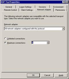  This figure shows all the options of the Network Adapter tab. The maximum number of connections specified in the figure is 4, which means that maximum of 4 end users can simultaneously connect to a remote computer.