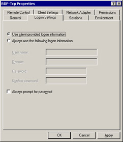  This figure shows the Use client-provided logon information option selected in the Logon Settings tab.