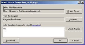  This figure shows Object Types, Locations and Object Names that can be added to a list of user computers, or groups.