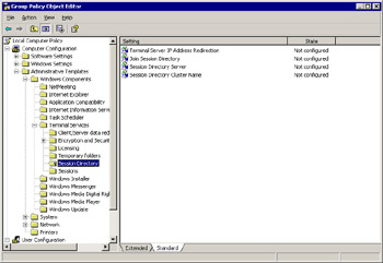  This figure shows a list of settings of a session directory, which are not configured.