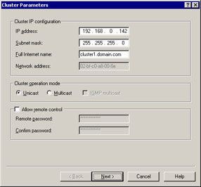  This figure shows the IP address and the cluster name specified in IP address and Full Internet name fields.