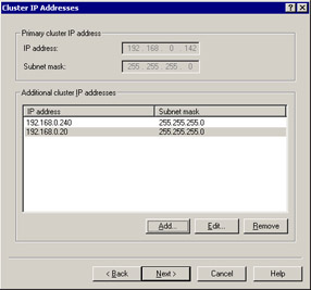  This figure shows a list of two more IP addresses added in Additional cluster IP address. You can add additional IP addresses using the Add button.