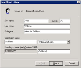  This figure shows the details of the domain user account, JWilliams@thegreatdomain.com. A domain user account name can have maximum 64 characters.