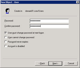  This figure shows the options for configuring the password for the domain user account, JWilliams.