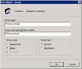  This figure shows the options for configuring the group account, Finance_Group.