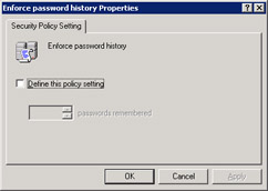  This figure shows the options for setting the Enforce password history policy.