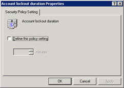  This figure shows the options for setting the Account lockout duration policy.