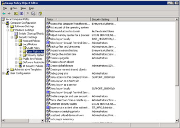  This figure shows the policies available for User Rights Assignments in Local Policies.