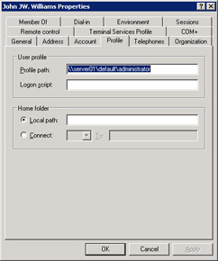  This figure shows the options for setting the user profile and home folder for the user account, John JW. Williams.