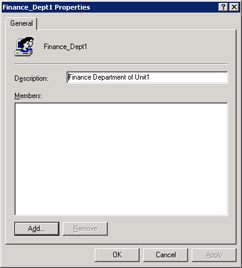  This figure shows the options available to add or remove members from the selected group account, Finance_Dept1.