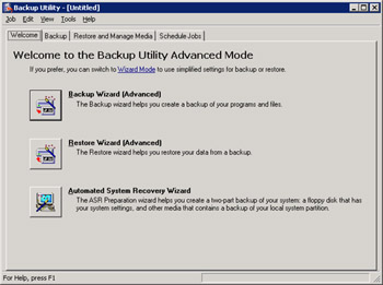  This figure shows the Welcome tab that contains the Backup Wizard (Advanced), Restore Wizard, and Automated System Recovery Wizard buttons.
