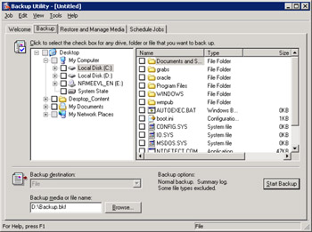  This figure shows the Backup tab in the Backup Utility page. The Backup tab displays the location of the drives, files, and folders that you can back up.