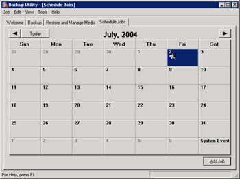  This figure shows the Schedule Jobs tab that you can use to view the scheduled backup jobs for a month. The Schedule Jobs tab also displays the Add Job button that you can use to plan backup tasks for future dates.