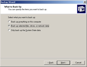  This figure shows the What to Back Up Page with the selected radio button, Back up selected files, drives, or network data.