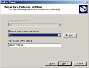  This figure shows the Backup Type, Destination, and Name page, with the backup file name and the location to back up files and folders.