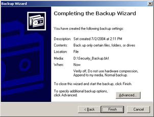  This figure shows the Completing the Backup wizard page with the Advanced button. This page also displays information about the backed up files.