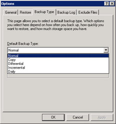  This figure shows the Backup Type tab in the Options dialog box. The different backup types are Normal, Copy, Differential, Incremental, and Daily.