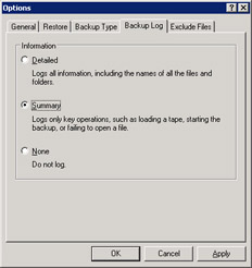  This figure shows the options in the Backup Log tab of the Options dialog box. The Summary radio button appears selected by default.