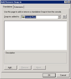  This figure shows the Add/Remove Snap-in dialog box that allows you to add and remove snap-ins.