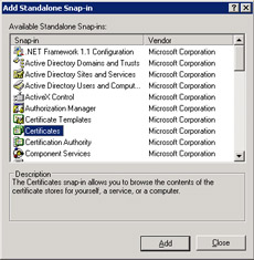  This figure shows the Add Standalone Snap-in dialog box that allows you to select the snap-in that you want to add. The Certificates snap-in option appears selected in the figure.