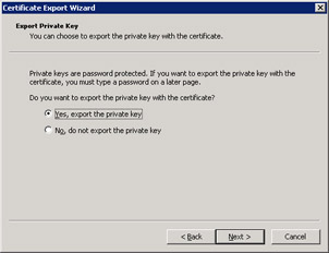  This figure shows the selected Yes, export the private key radio button in the Export Private Key page of the Certificate Export wizard.