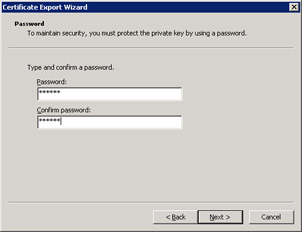  This figure shows the Password page in the Certificate Export wizard. You can type password in the Password and Confirm Password textboxes.