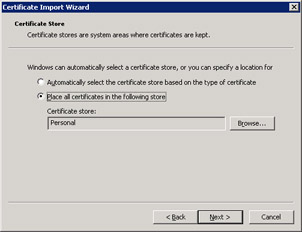  This figure shows the Certificate Store page that enables you to specify the location where you restore the backed up encrypted certificate.