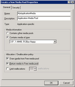 This figure shows the Properties dialog box for the Application media pool, MyApplicationMedia.