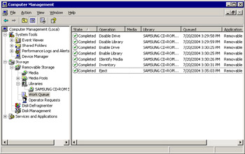  This figure shows the operations available in the Work Queue node. The Computer Management window also displays the status of the operations.