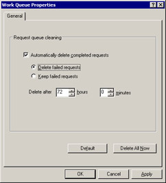  This figure shows the Work Queue Properties dialog box with the default settings.