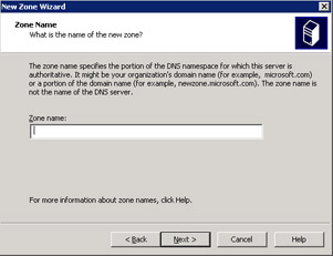  This figure shows a text box where you can specify the DNS namespace for which the DNS server, SERVER01, is authoritative. An authoritative DNS server contains a copy of a zone file with the specified resource record.