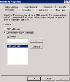  This figure shows the various properties of the SERVER01 DNS server, including the IP address of the DNS client to which this server responds.