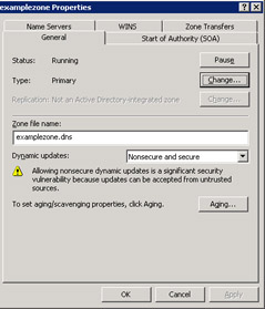  This figure shows the properties of the examplezone forward zone, such as zone type and dynamic updates.