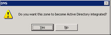  This figure shows a message that confirms if the specified zone should be converted to Active Directory integrated zone or not.