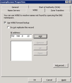  This figure shows that the WINS server with IP address, 192.168.0.22 is used for resolving host names.