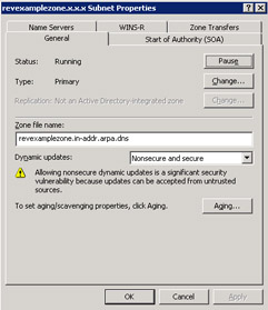  This figure shows the properties of the reverse lookup zone, revexamplezone.in-addr.arpa.