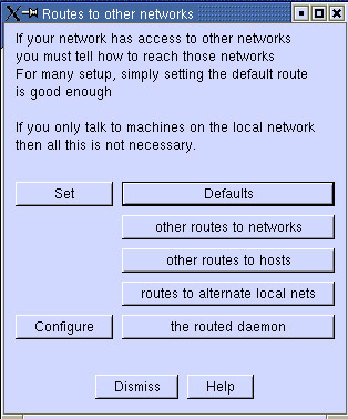 This figure shows the Routes to other networks window that lets you specify routes to other networks, hosts, and alternate local nets.