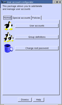 This figure shows the User account configurator window. It lets you perform tasks related to user management.