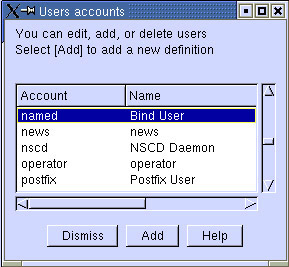 This figure shows the User accounts window. It enables adding new users and modifying options for them.